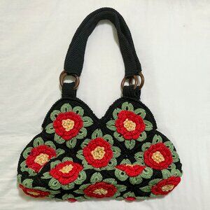 Stunning Women's Crocheted Handbag - 3D Red Chrysanthemums with Yellow Centers